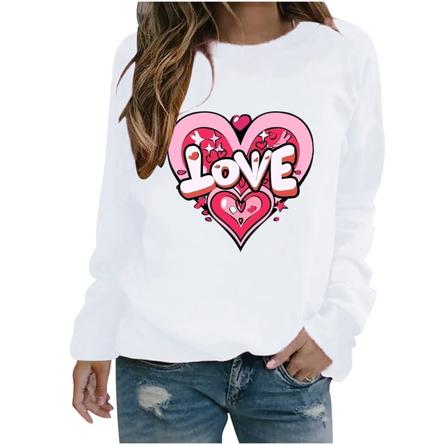 Amzcrzy Hauts pour Femmes Décontractés Col Rond Printemps Été Hauts Mode Imprimé Cœur d'Amour Saint-Valentin Chemises pour Femmes Classique Polyvalent Manches Longues Tee-Shirt Valentines