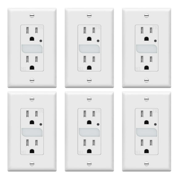 TOPGREENER Réceptacle de Guidage LED avec Capteur Automatique de Lumière du Jour, Décoration de Veilleuse, Prise Murale 125VAC/15A Réceptacle Résistant au Tassage, TGL215TR-W-6 Pcs, LED Blanc Chaud, Lot de 6