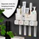 thumbnail image 3 of Organizador de baño multifuncional con dispensador de pasta dental, soporte para 8 cepillos y 4 vasos, montaje adhesivo sin necesidad de taladrar, color blanco grisáceo, ideal para familias., 3 of 6
