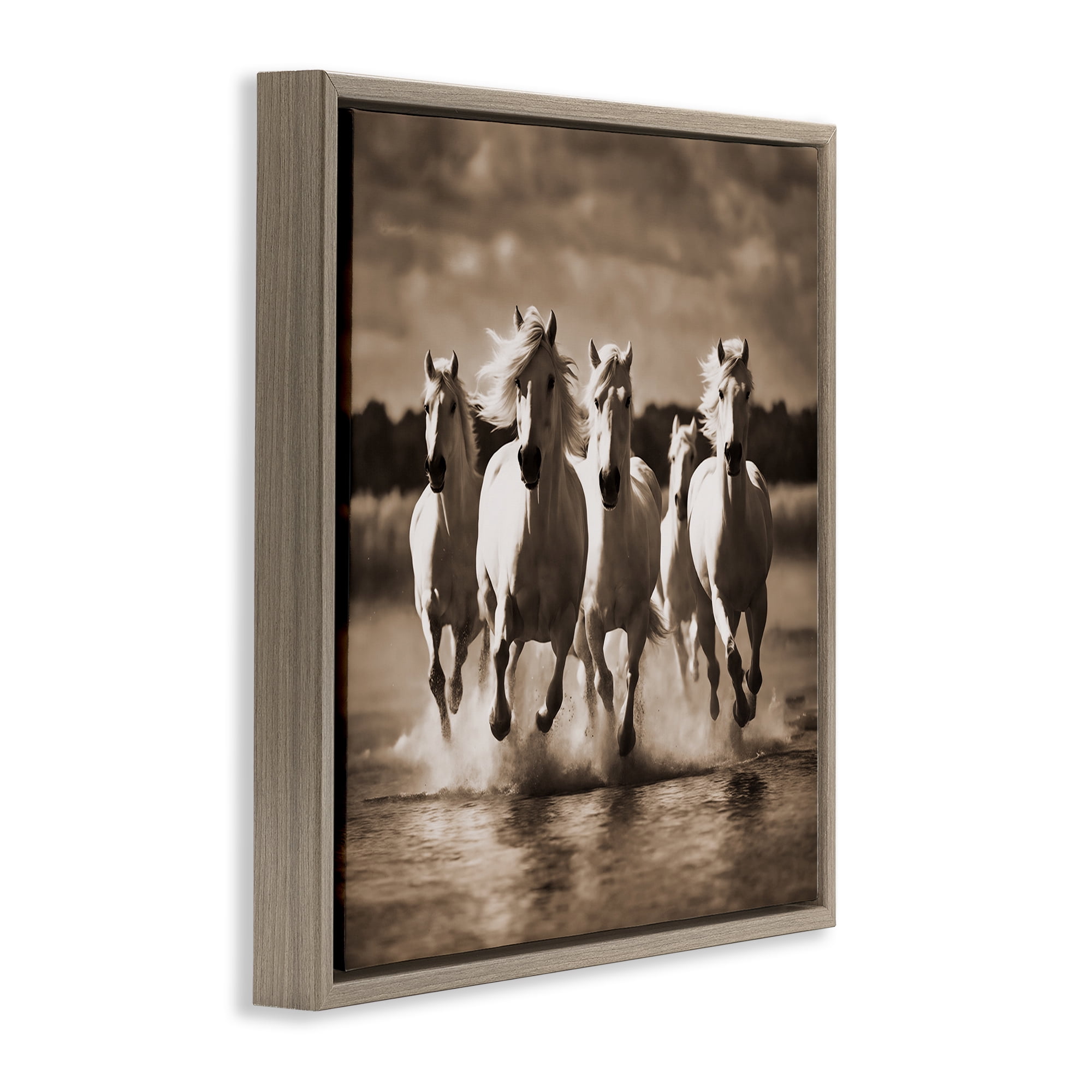 Stupell Industries Camargue Stallions Trotting Animals Painting Brown Floater Framed Canvas Art Print Wall Art, 18 x 18