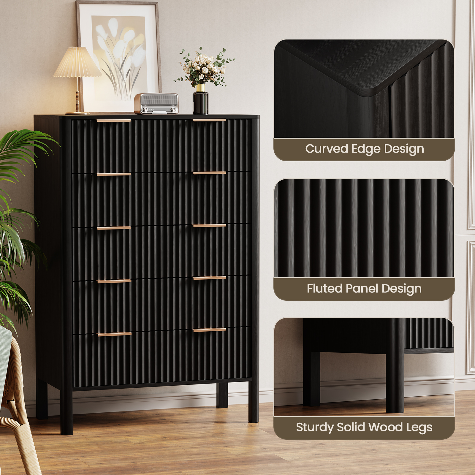 Fluted 5 Drawer Dresser for Bedroom 47" Wide Wooden Dresser TV Stand Modern Storage Organizer for Living Room, Hallway, Black