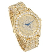 Charles Raymond Mens Big Rocks Bezel - Dial with Roman Numerals Fully Iced Out Watch w/Cuban Chain Bracelet & Ring - ST10327SET3PC (11,Gold)