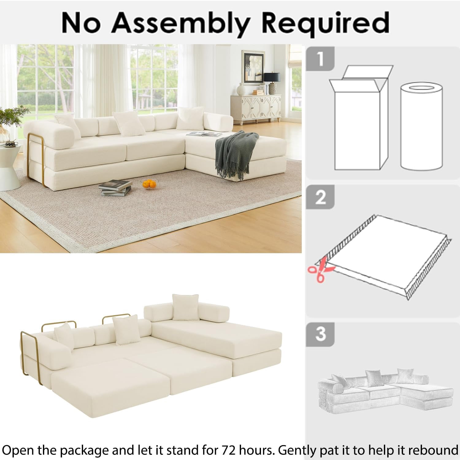 Ywen 108" Modular Sectional Sofa, Futon Convertible Sofa Bed,Oversized Corduroy Boneless Couch for Living Room,Floor Loveseat Sleeper with Pull Out Bed,Free Combination,No Assembly Required (Beige)