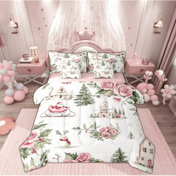 Manfei Santa Claus Christmas Twin Bedding Sets 7-Piece for Child, Pink Rose Flower Bedding Comforter Set, Princess Castle Reversible Sheet Sets, Breathable Home Decor
