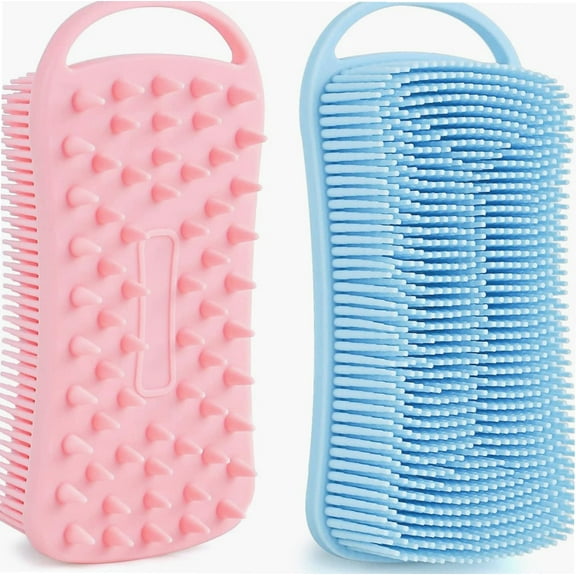 Silicone Body Scrubber Loofah, 2 in 1 Shower Scrubber for Body, Soft Silicone Loofah for Sensitive Women Men All Kinds of Skin, Scalp Massager Shampoo Brush, Exfoliating Bath Brush (2PC, Blue&Pink)
