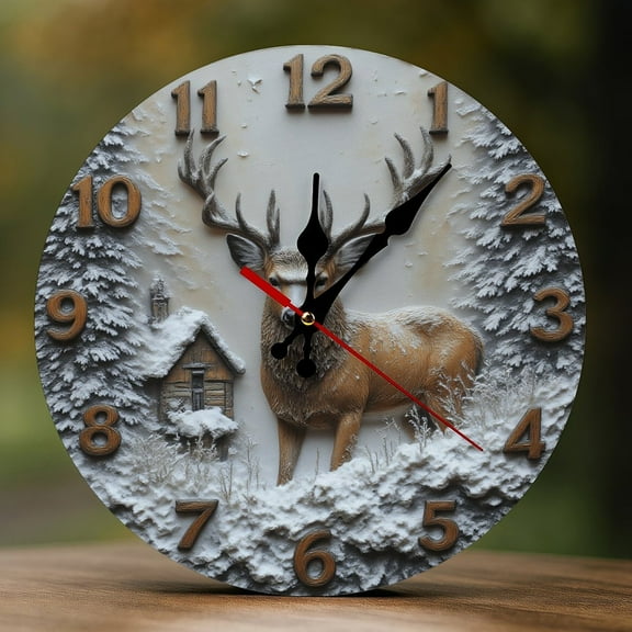 Wall Clock Decorative - Rustic Brown Deer Print 2D Vintage Wall Clocks Battery Operated Silent Non-Ticking for Bedroom, Living Room, Kitchen, Office, Classroom, 10 Inch