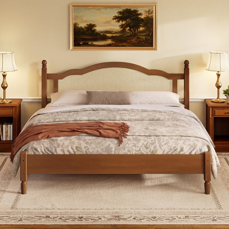Mirightone King Size Platform Bed with Natural Rattan Headboard, Vintage Style Wood Full Bed Frames, Full Bed with Wooden Slat Support for Bedroom, Walnut King bed frame