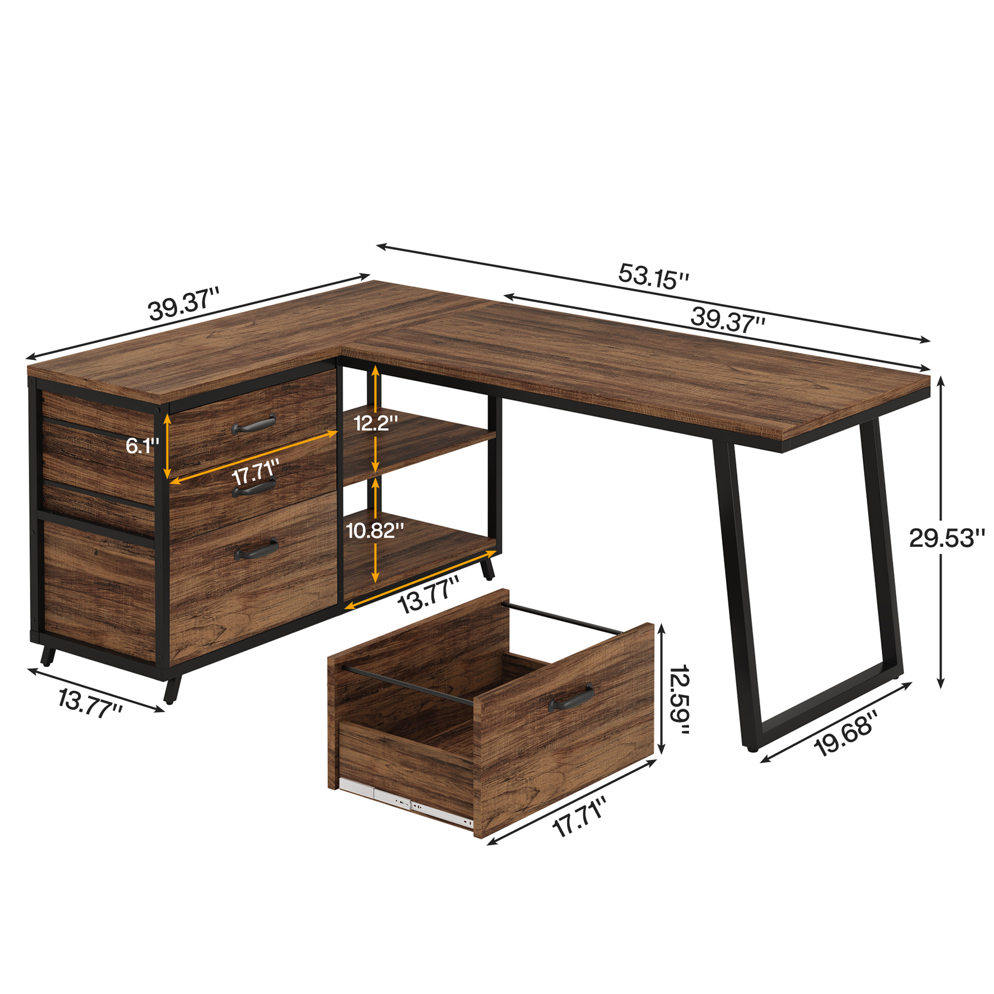 MAYEERTY 53" L-Shaped Desk with File Cabinet, Industrial Style, Easy Assembly