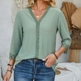 thumbnail image 3 of WREESH V-Neck Lace Crochet Blouse Women's Dressy Casual 3/4 Sleeve Tunic Top in Solid Colors Green, 3 of 6