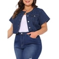 thumbnail image 4 of Chaleco de mezclilla recortado para mujer Agnes Orinda, talla grande, con cuello redondo, botones, mangas cortas, chaqueta de mezclilla casual con decoración de bolsillo 2X azul oscuro, 4 of 6