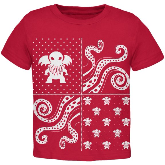Cthulhu Lovecraft Dimensions Ugly Christmas Sweater Red Toddler T-Shirt - 2T