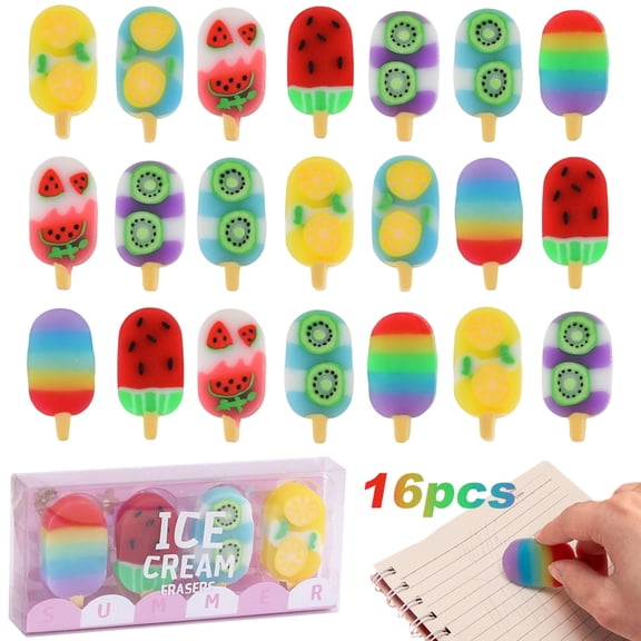 16 PCS Cute Fruit Shape Ice Cream Erasers for Kids - Fun Erasers, Rainbow Color Jelly Cute Cartoon Erasers, Suitable for School Classroom Reward Gifts Party Supplies
