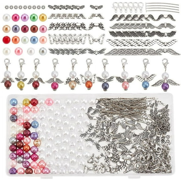 360 Pcs DIY Guardian Angel Pendant Kit Assorted Tibetan Style Charms Pendants Alloy Lobster Clasps Imitated Pearl Acrylic Beads