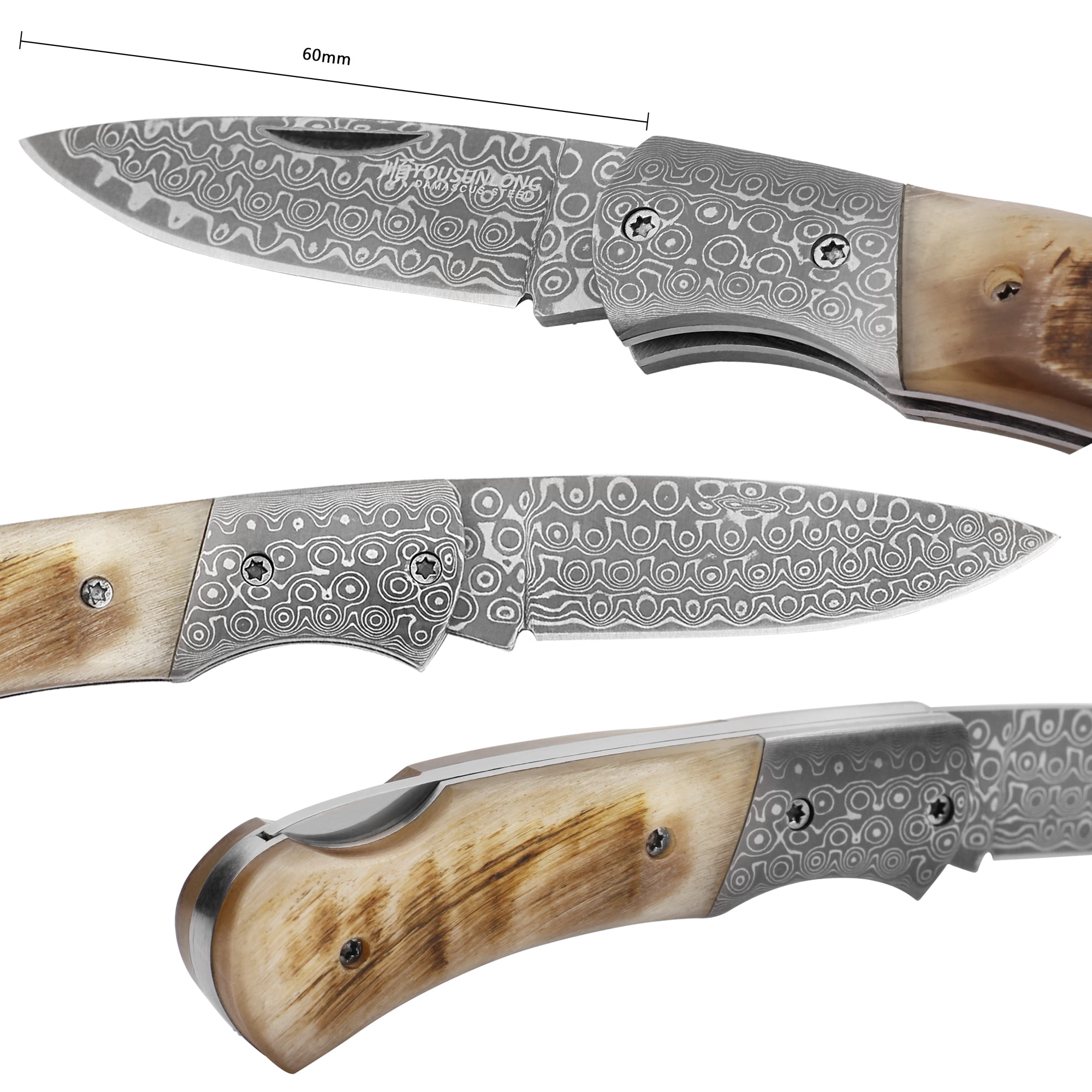 YOUSUNLONG Folding Knife - Camping Knife Overall 140mm Japanese Damascus Steel Antelope Horn Handle