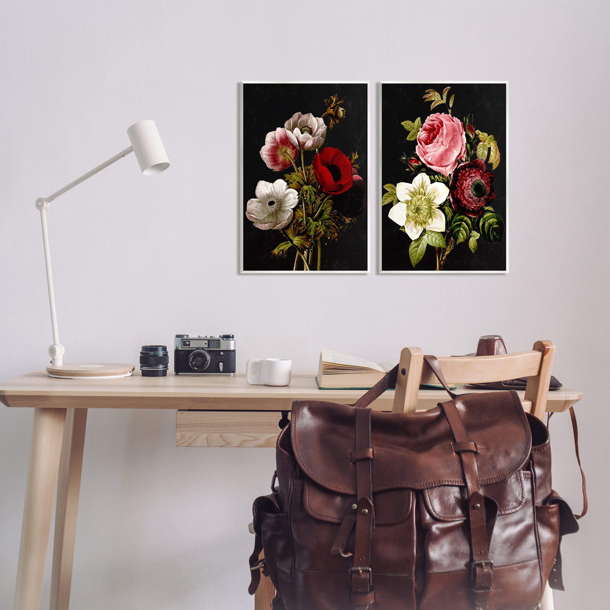 Stupell Industries Vintage Blooms on Black Botanical & Floral Painting Unframed Art Print Wall Art, 13 x 19, Set of 2