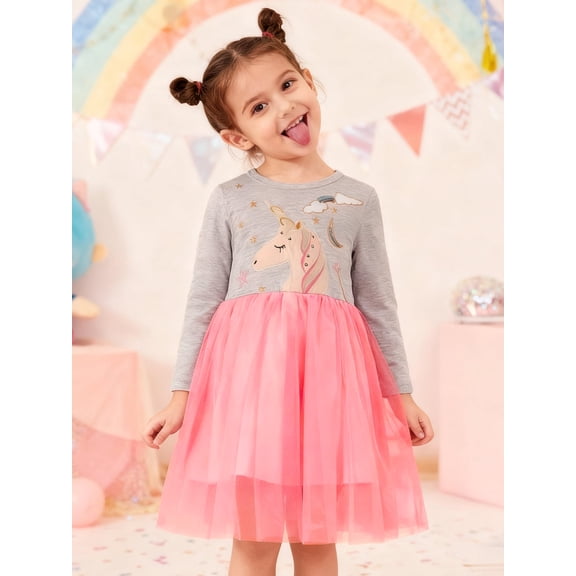 HILEELANG toddle Girls Long sleeved Dresses Christmas Casual Winter Cotton Casual Cute Party Cartoon Animal Unicorn Pattern Dress 2Y