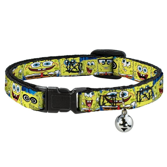 SpongeBob SquarePants Breakaway Cat Collar With Bell, Plastic Clip, Easy Adjustable, Spongebob Expressions Stripe Blue, 8.5 to 12 Inches 0.5 Inch Wide