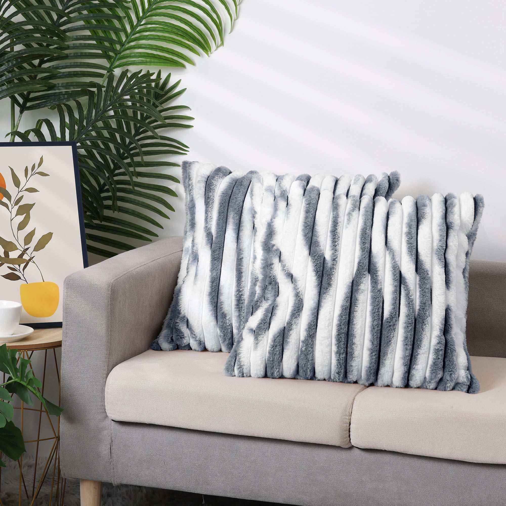 Unique Bargains Gradient Striped Tie Dye Throw Pillow Covers Faux Fur Plush Pillowcases Dark Blue 16" x 16"