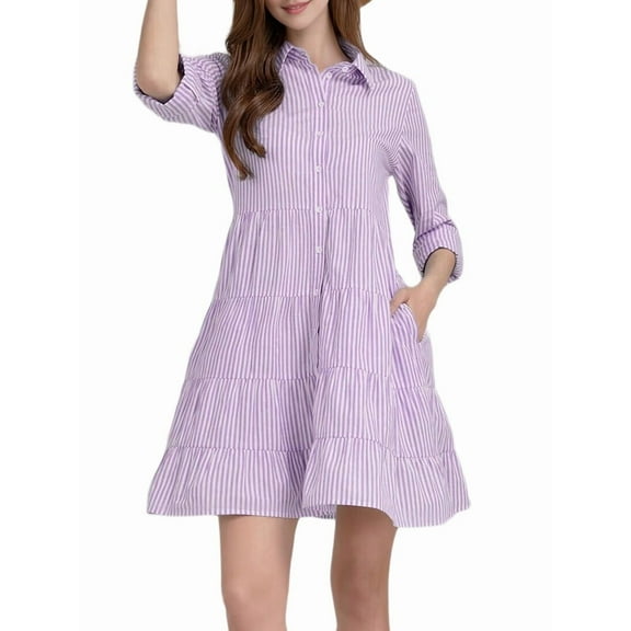 Womens Striped Button Down Midi Shirt Dress Casual Loose Cuffed Long Sleeve Mid Long Dresses Purple S