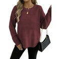 thumbnail image 2 of Womens Crew Neck Sweater Casual Loose Warm Top Soft Solid Long Sleeve Sweaters Fall Winter Knitted Pullover Wine Red L, 2 of 9