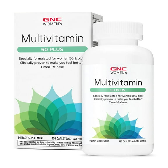 GNC Women's Multivitamin 50 Plus, Supports Bone, Eye, Memory, Brain and Skin Health with Vitamin D, Calcium and B12, Helps Increase Energy Production, 120 Caplets