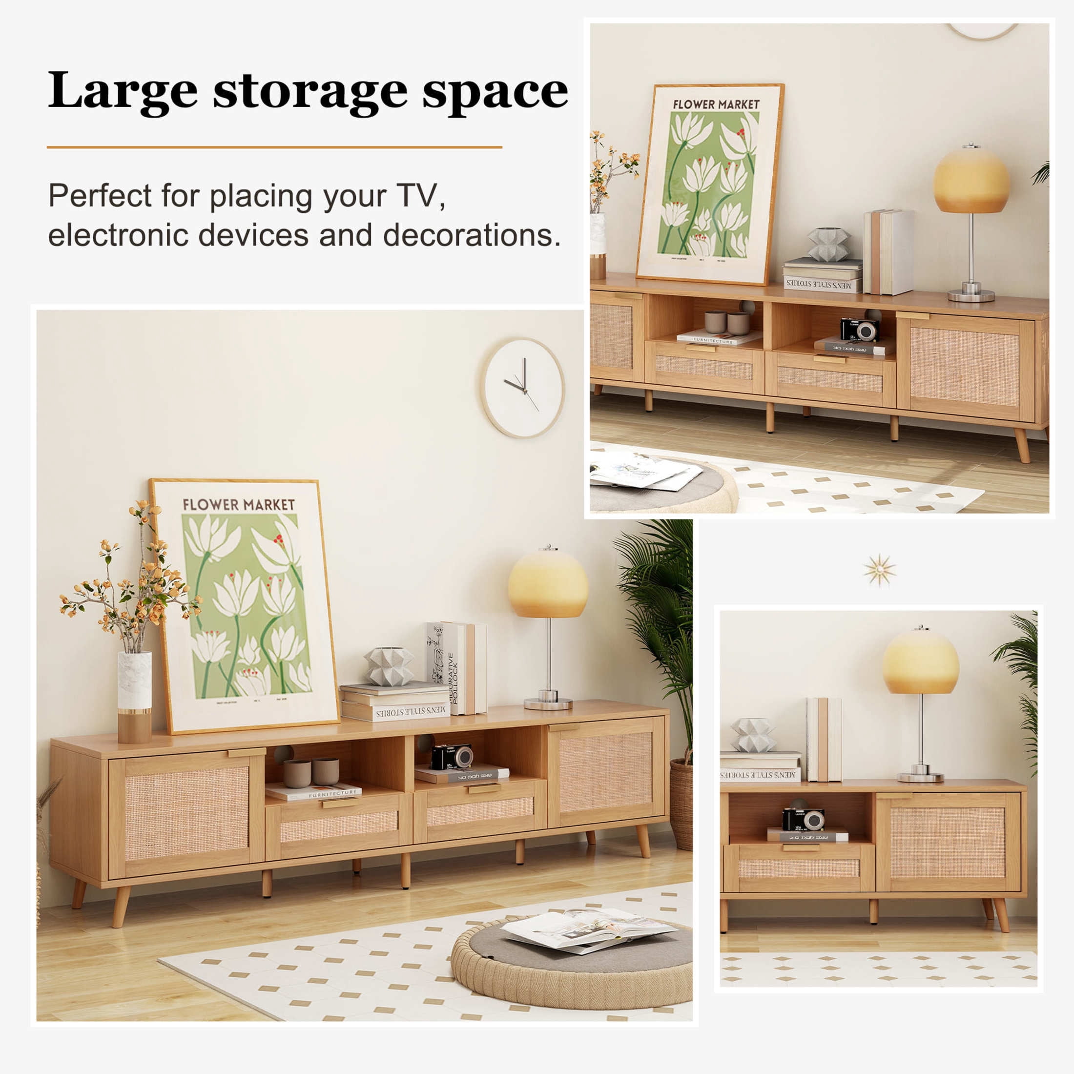 Noble House Rattan TV Stand for TVs up to 85 Inch with Storage Cabinets, Open Shelves, Wood