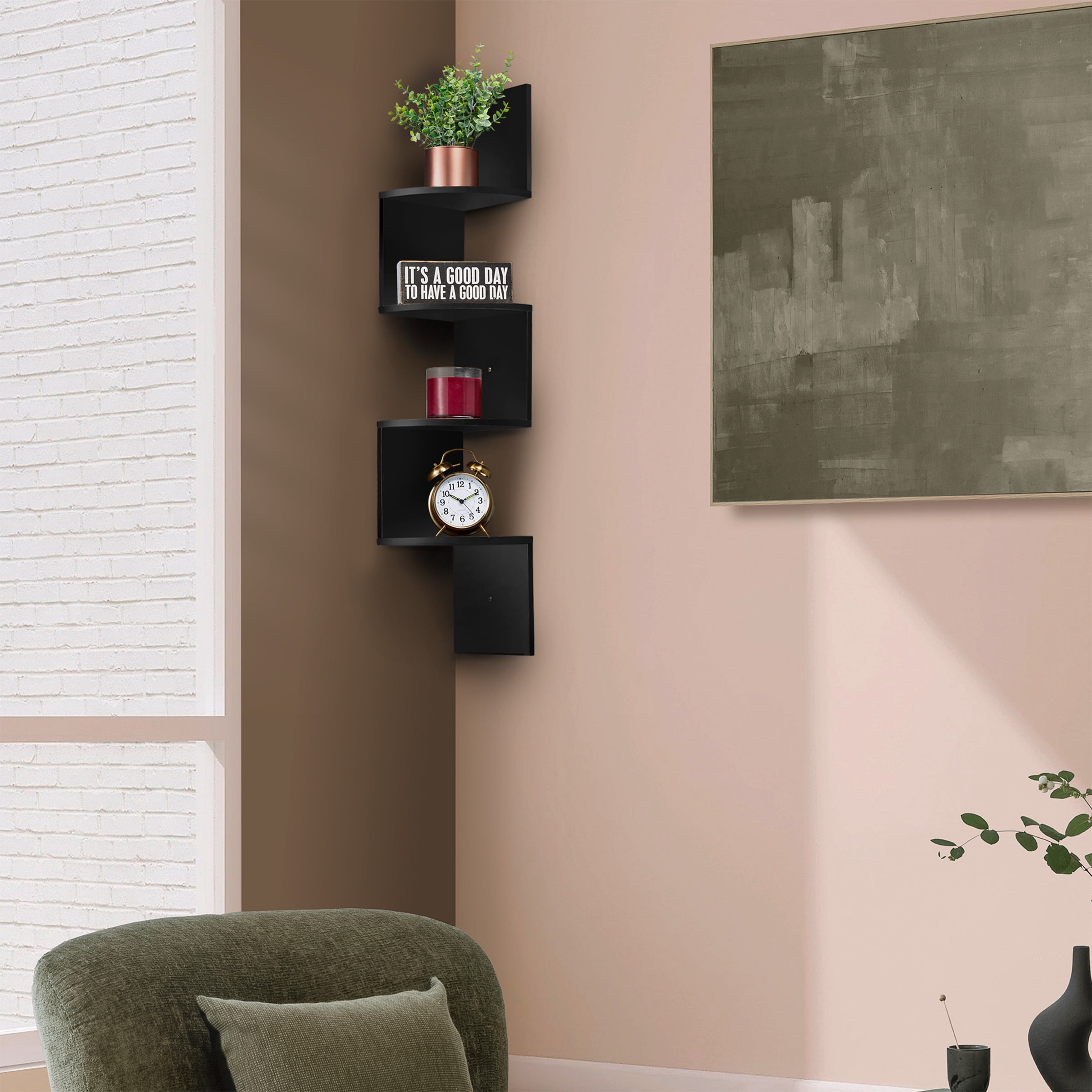 Sorbus 5-Tier Floating Corner Wall Shelf, Zigzag Bookshelf, Space-Saving Storage, Black