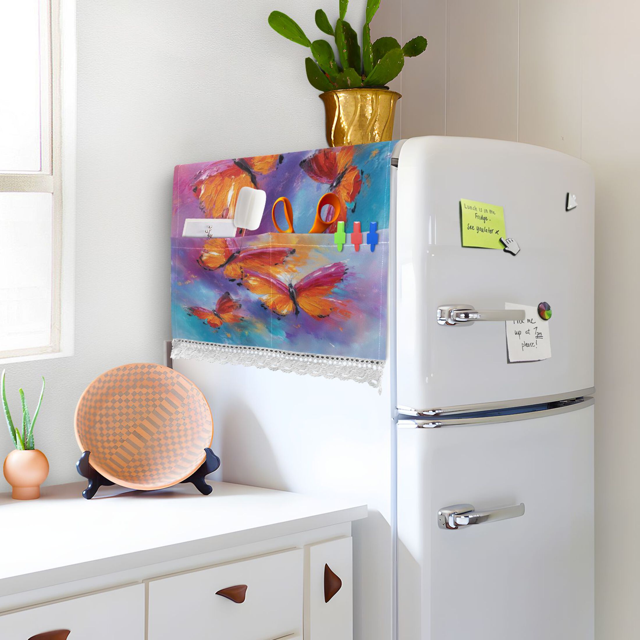 Dustproof Washing Machine Cloth Washer and Dryer Top Covers, Fridge Dust Cover, With Storage Bags Red and Orange Butterflies