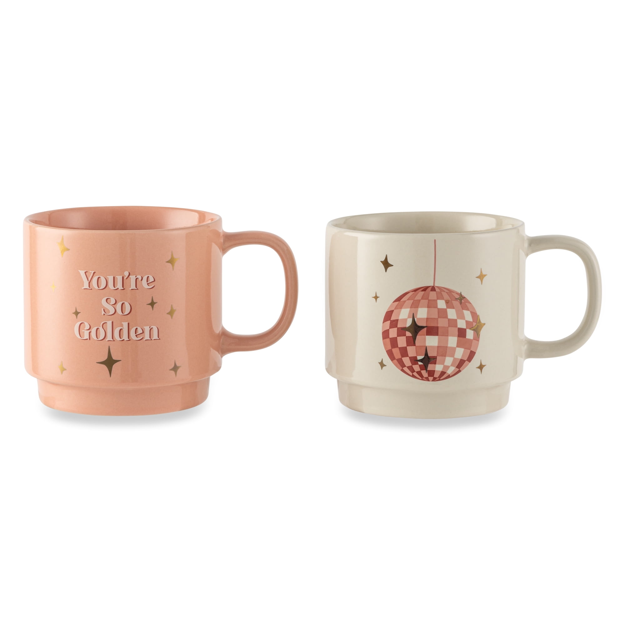Thyme & Table 2 Pack Stacking You're So Golden Pink and Disco Ball White Mugs 14.2 fl oz, Stoneware