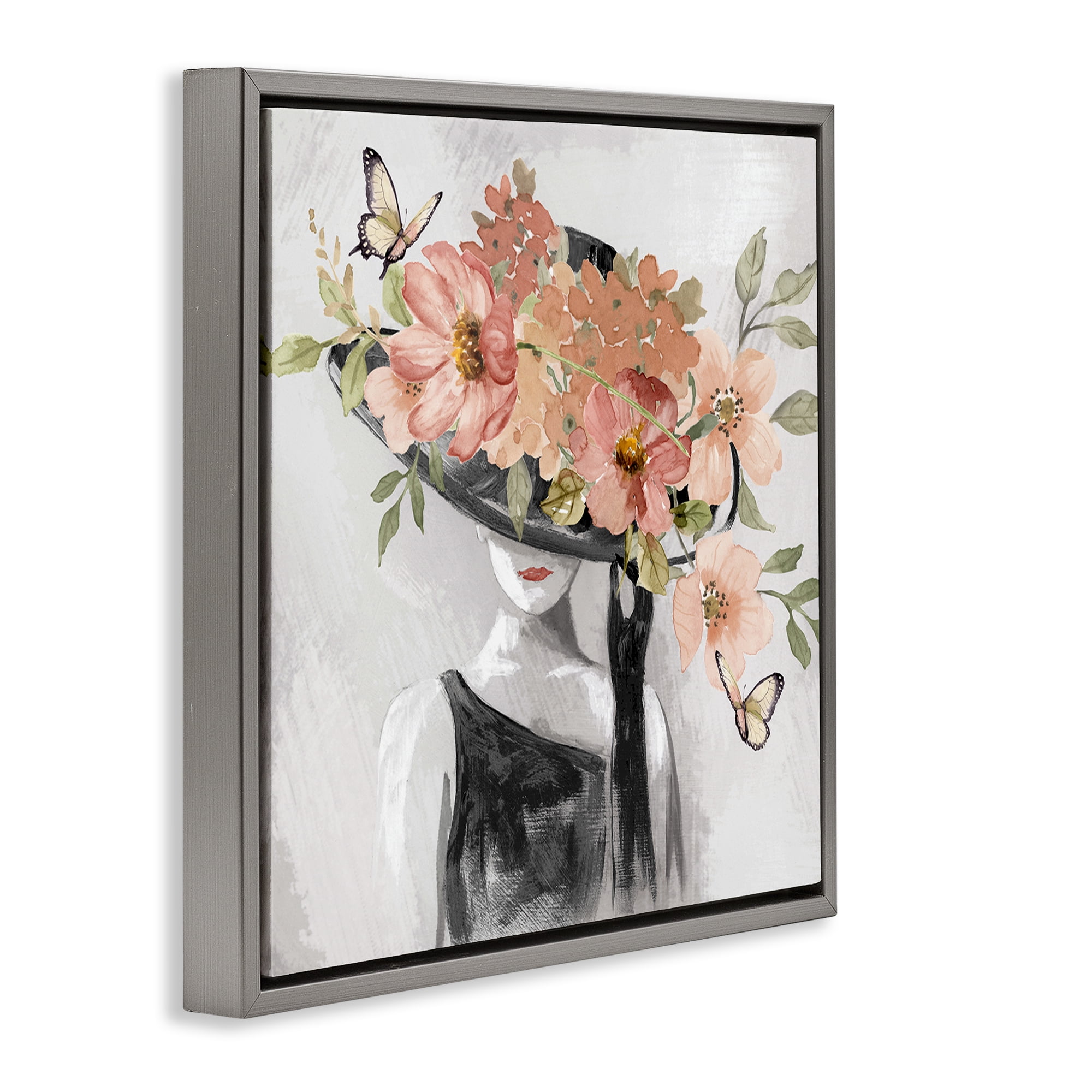 Stupell Industries Pink Floral Hat People Painting Gray Floater Framed Canvas Art Print Wall Art, 18 x 18