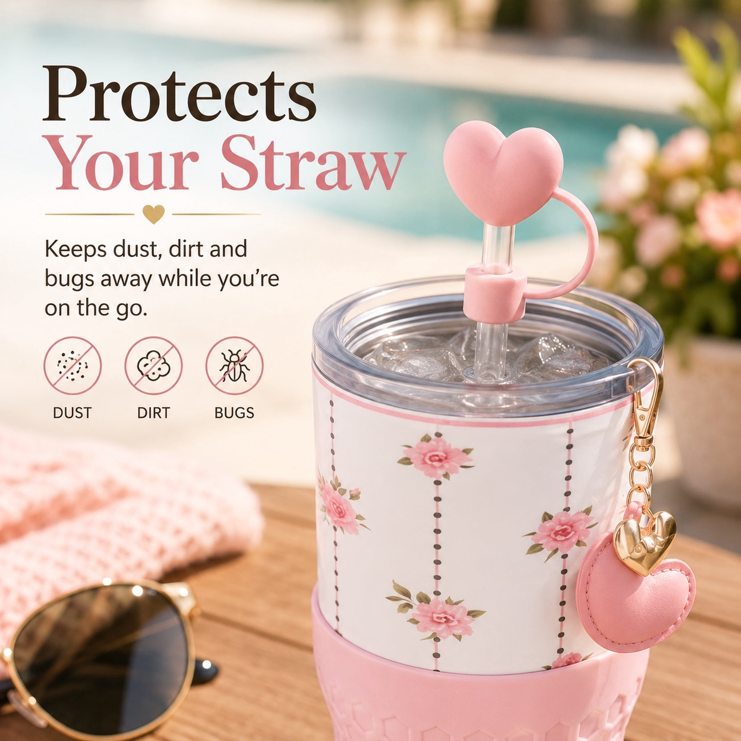Biddlebee Pink Heart, Flower and Bow Straw Toppers, 3-Pack