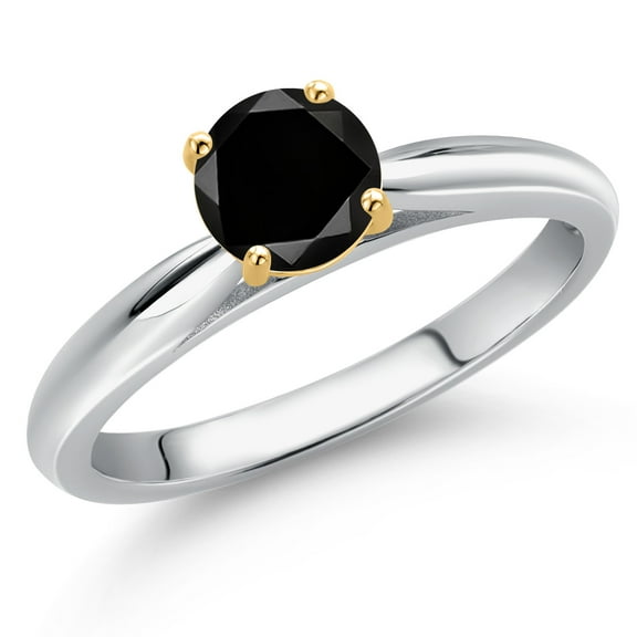 Gem Stone King 10K Two Tone Gold Black Diamond Solitaire Engagement Ring for Women | 0.55 Cttw | Round 5MM | Gemstone April Birthstone | Size 7