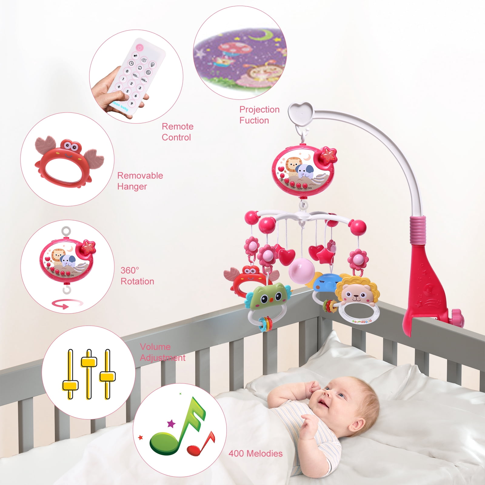 SUMWE Baby Mobile for Crib with Crib Toys Music and Lights for Pack and Paly Crib Musical Carousel Mobile Baby Mobile for Girls and Boys Portable Mobile for Baby Bassinet Toys Hanging - Red