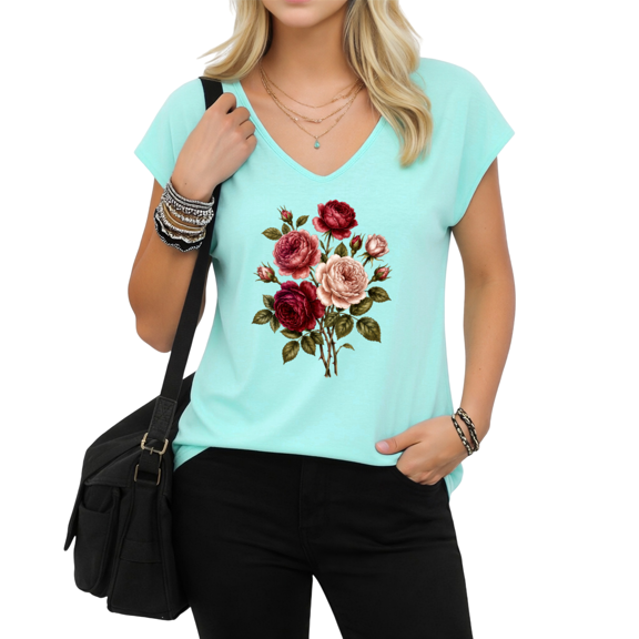UNISHE Women's High Definition Rose Graphic V-Neck Short Sleeve T-Shirt White Elegant Botanical Top