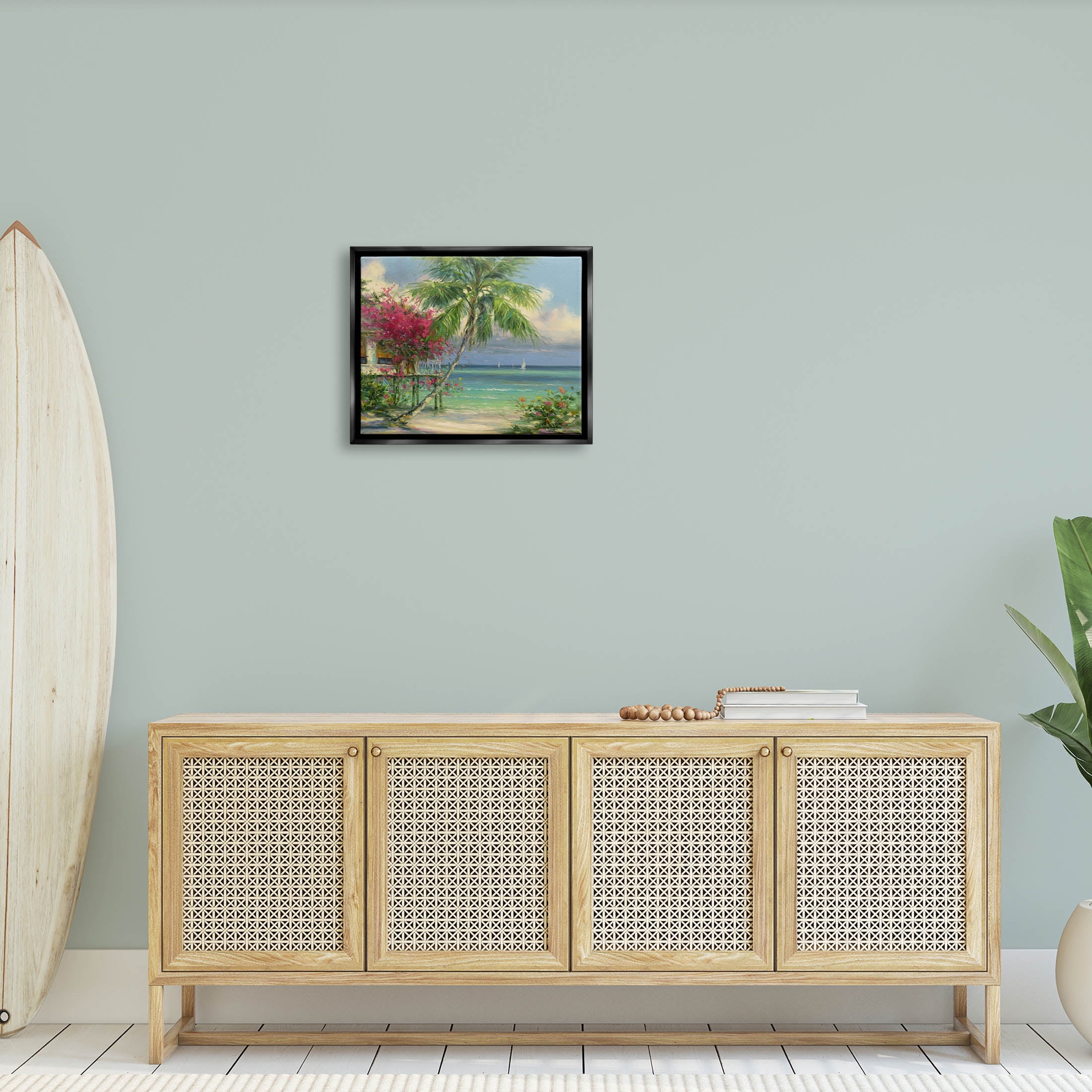 Floral Tropical Summer Vacation Resort Landscape Painting Jet Black Framed Art Print Wall Art