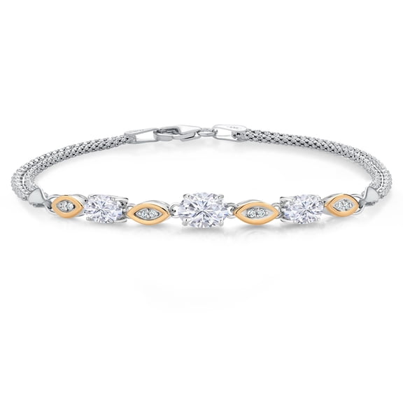 Gem Stone King White Moissanite and White Lab Grown Diamond Bracelet for Women | 925 Silver and 10K Yellow Gold | 1.96 Cttw | Oval 7X5MM and 6X4MM | Wheat Chain | 6.5/7/7.5 inches