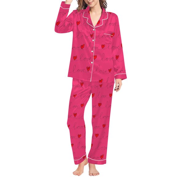 YUEHUA Silk Satin Pajamas for Women Set 2 Piece Valentine's Day Silk Pjs Long Sleeve Top Cozy Sleepwear Silky Pajamas
