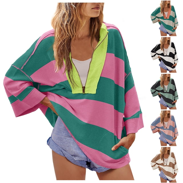 Chandails Molletonnés Surdimensionnés pour Femmes Coupe Ample, Liquidation pour Femmes Chandails Molletonnés à Col Rond Tunique Chandail Molletonné pour Femmes Chemise Rayée Surdimensionnée, Chandail Molletonné Demi-Glissière Haut à Blocs de Couleur Col en V Décontracté à Manches Longues