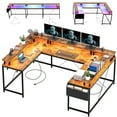 thumbnail image 4 of Bureau de Jeu en Forme de U avec Lumières DEL, Conception Réversible, Comprend Support pour Moniteur, Prises de Courant, Sac de Rangement et Crochets, Grand Bureau d'Angle pour Bureau, 4 of 10
