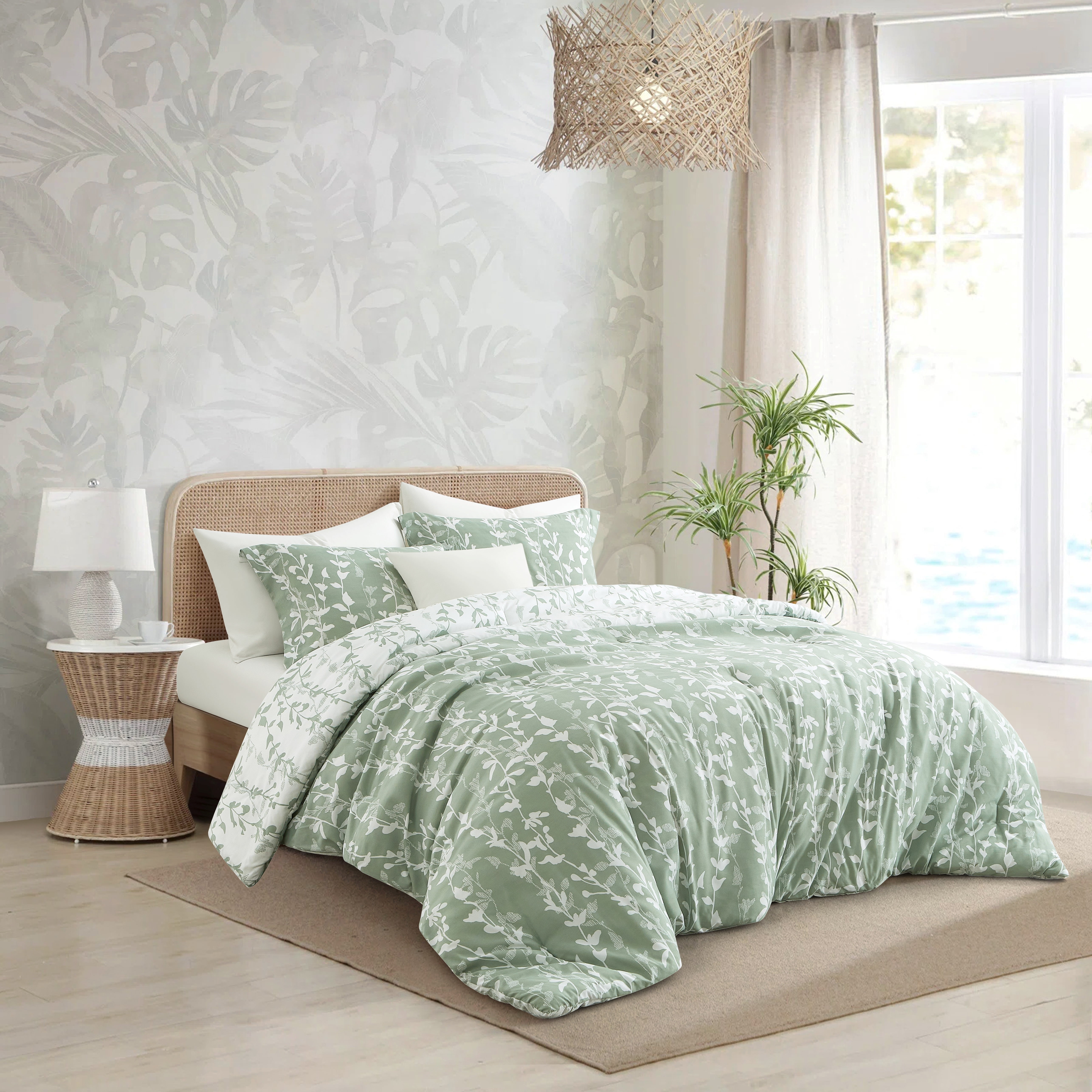 Nanshing 2 Piece Sage GreenComforter Set, Twin Size Solid Microfiber Print Bedding Set,All Season Leaves Bedding