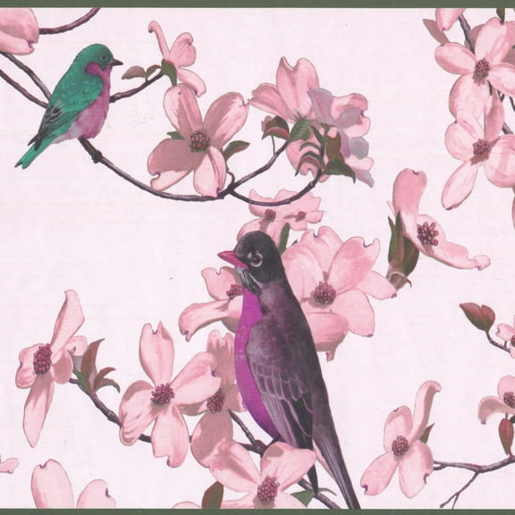 Dundee Deco's Peel and Stick Wallpaper Border - Floral Pink Green Birds Flowers Wall Border Retro Design, 15 ft x 7 in, Self Adhesive