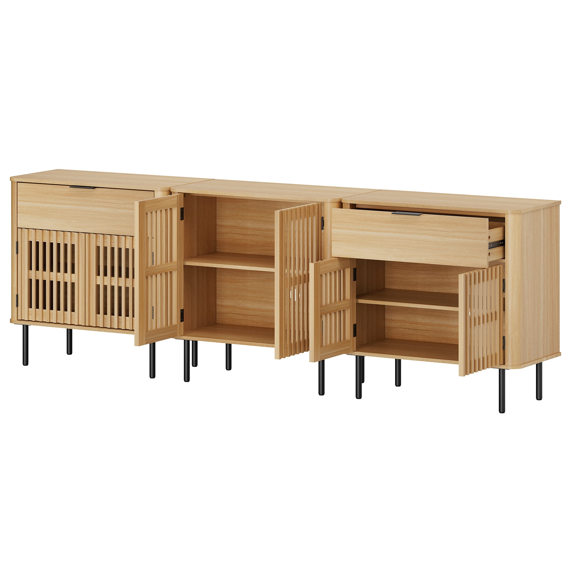 94.5 Inch Large Fluted Buffet Cabinet Sideboard with Storage,Wood Modern Accent Coffee Bar Console Table, Oak