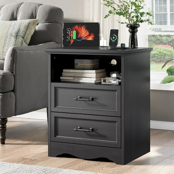 Black Night Stand with Charging Station, Farmhouse End Table with 2 Drawers Storage, Wooden Nightstand, Bedside Table with Open Shelf, Bedside Cabinet for Bedroom, Living Room
