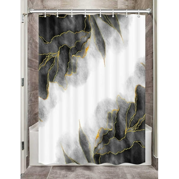 Black and Gold Marble Camper Shower Curtain for Travel Trailer Bathroom, Modern Abstract Camping Narrow Shorter Fabric Shower Curtains Set, Happy Camp Decor Accessories with Hooks 47X64 Inch