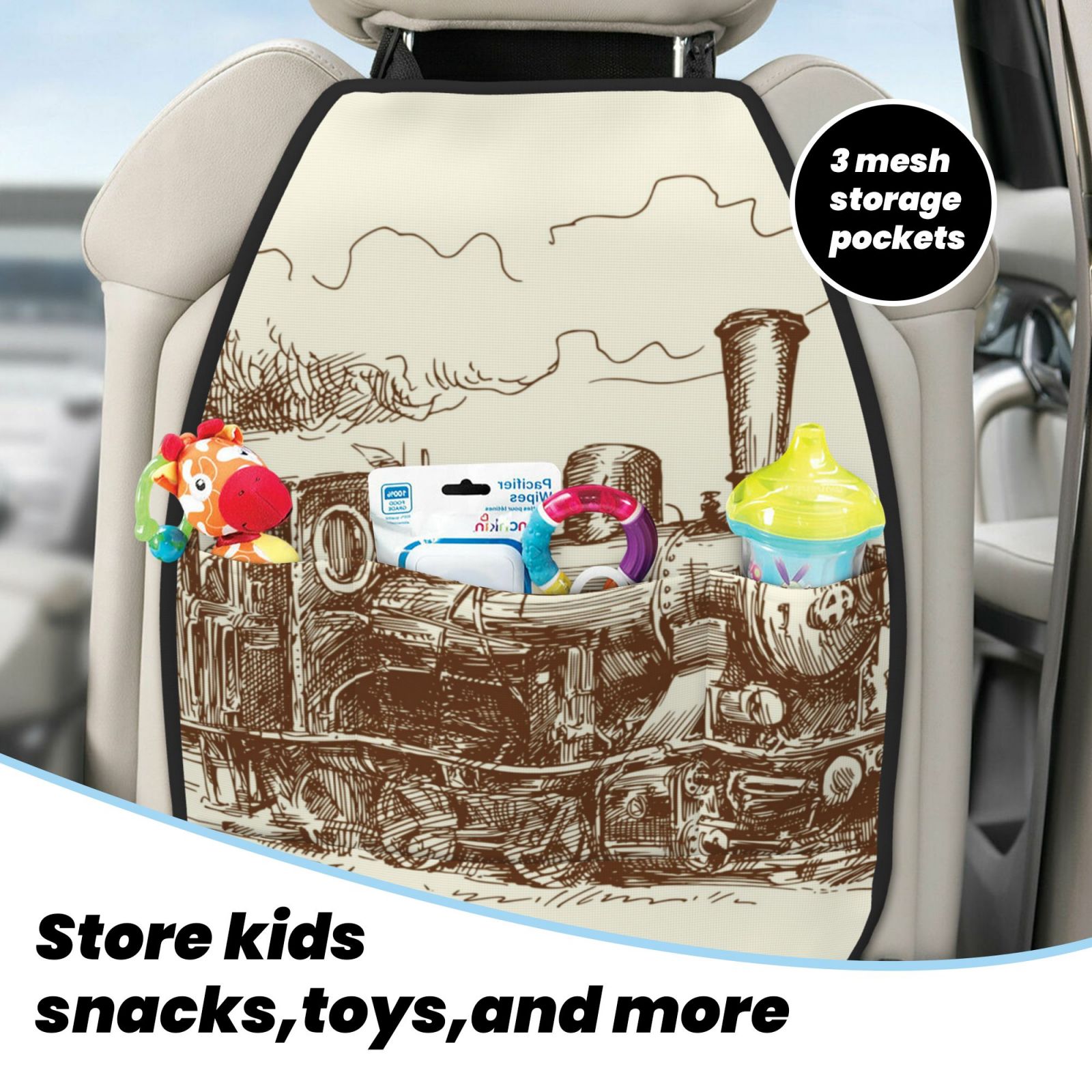 Xecao Train Pattern Car Seat Back Protector 2 Pack Large Capacity Pocket, Kick Mats Back Seat Protector