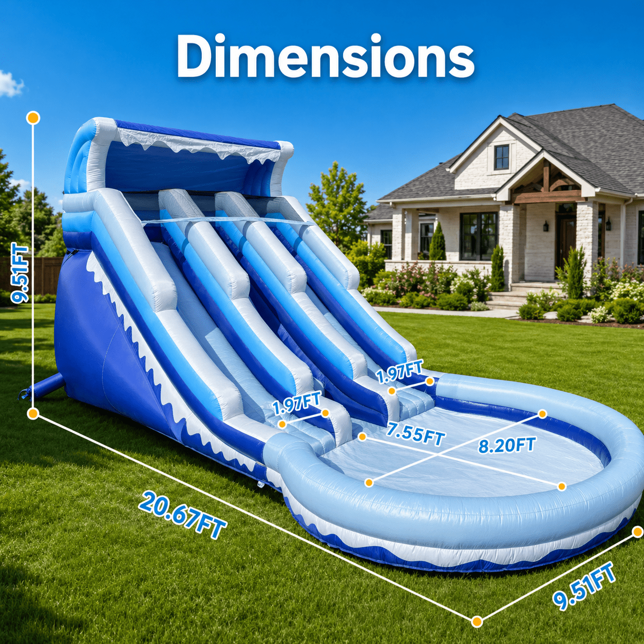 Connsann Inflatable Water Slide Blue Wave Oxford Double Lane with Splash Pool and Climbing Wall for Kids, Blue, 1-Count, 20.6 ft