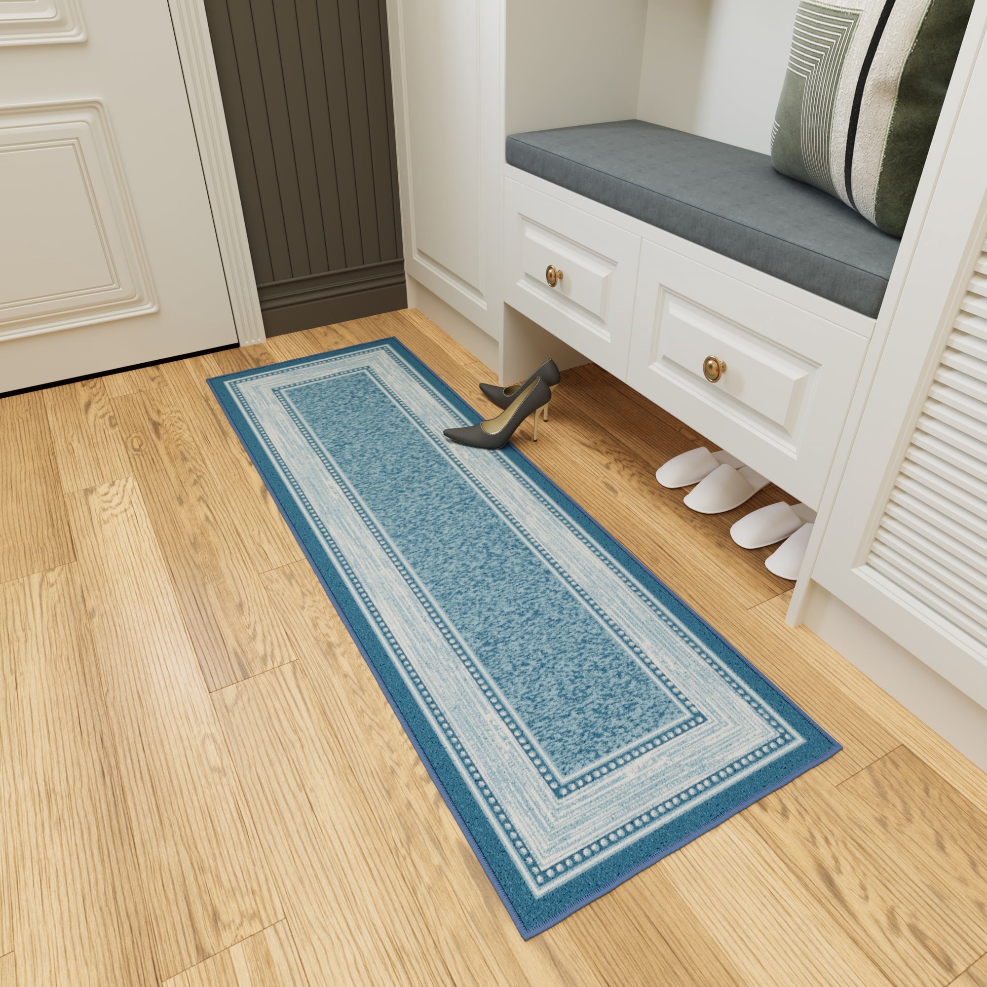 Ottomanson Border Bathroom Runner Rug 20" x 59" - Non Slip Low Pile Carpet, Blue