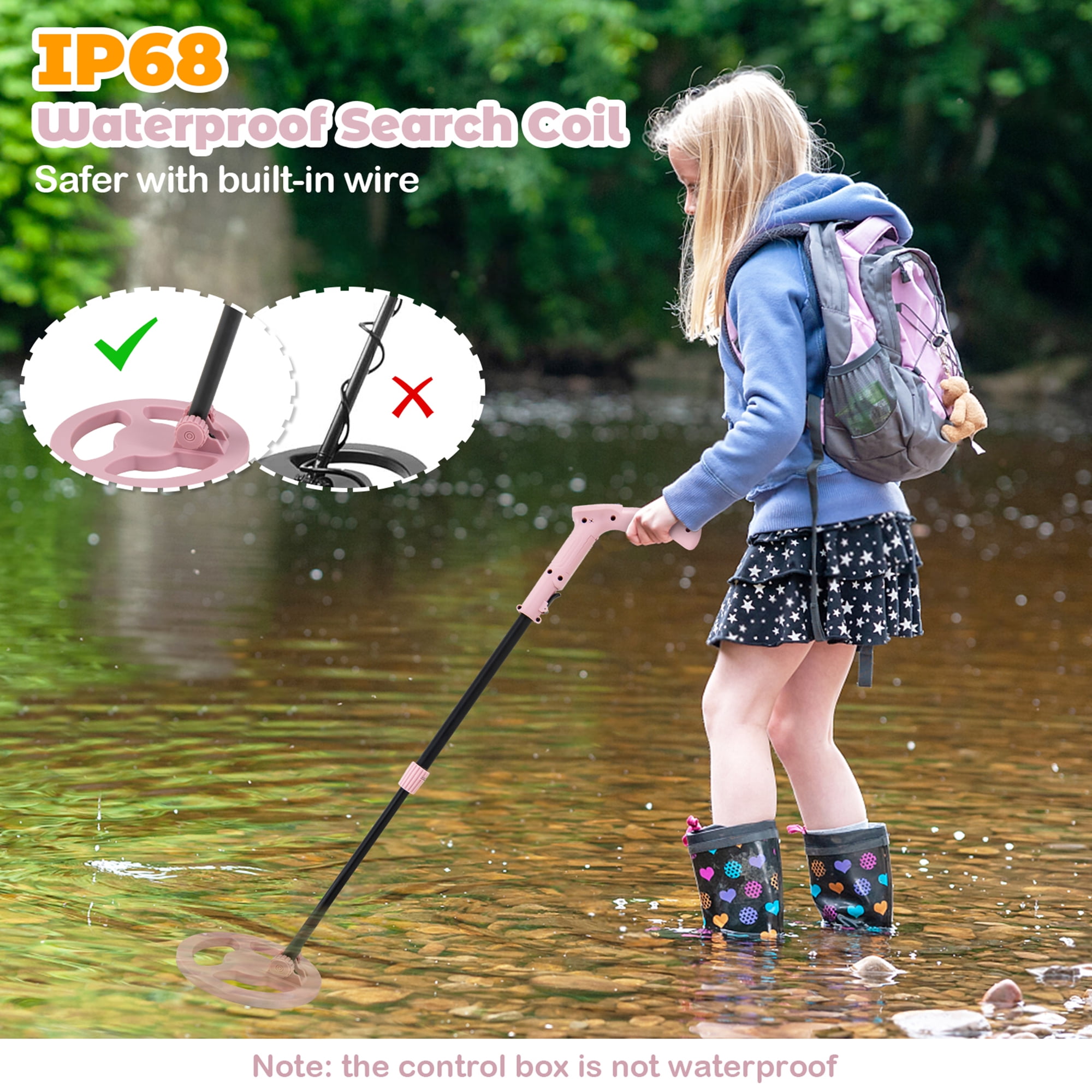 Gymax 24.5''-33.5'' Metal Detector for Kids with LCD Display IP68 Waterproof Pink