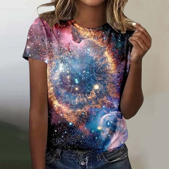 Womens Tops 2025 Women's Starry Galaxy 3D Print Glitter T-shirt Round Neck Short Sleeve Carnival Outfit Sky Blue