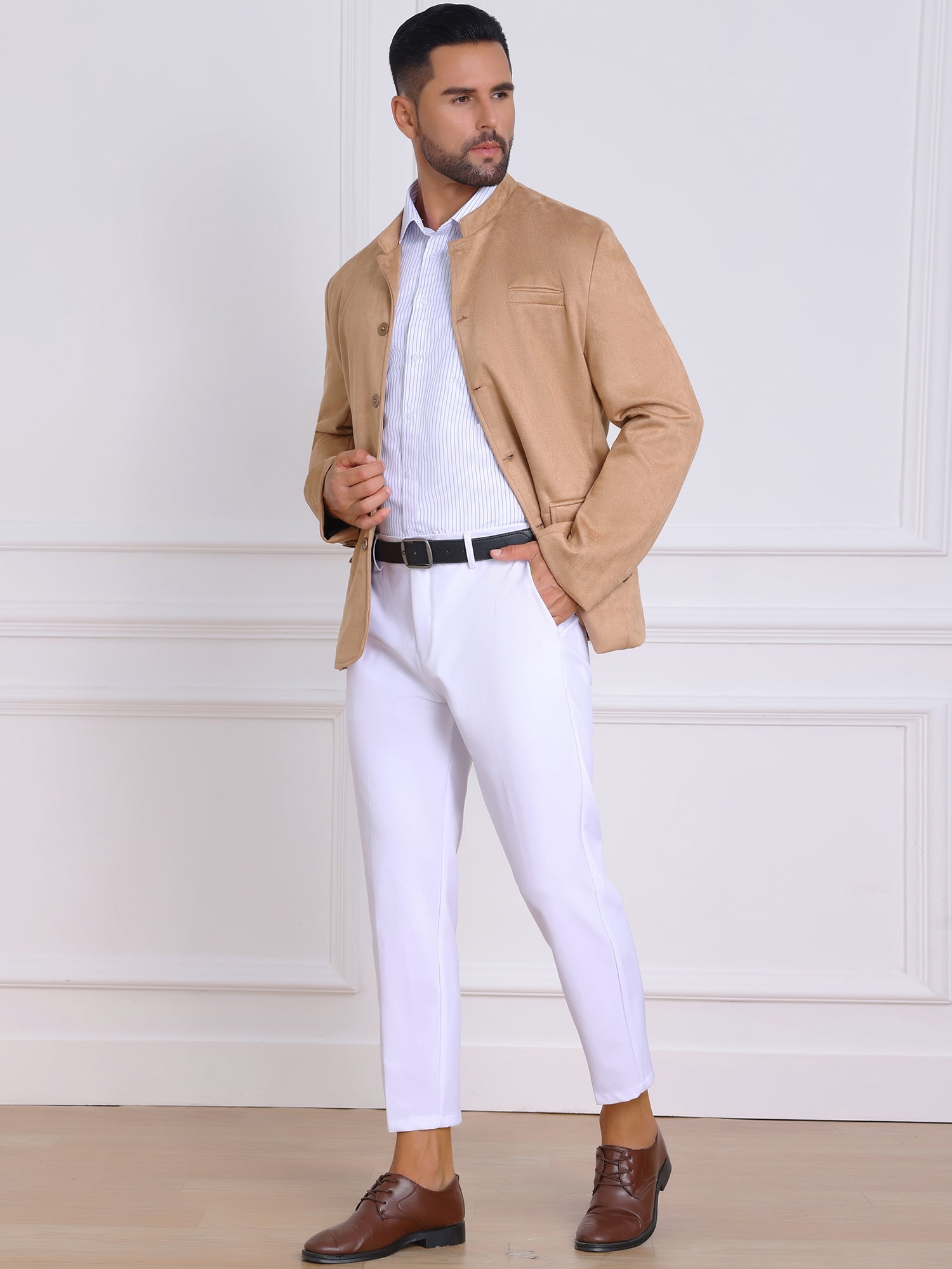 DARING DIVA Men's Suit Jacket Stand Collar Single Breasted Suede Blazer XL Khaki